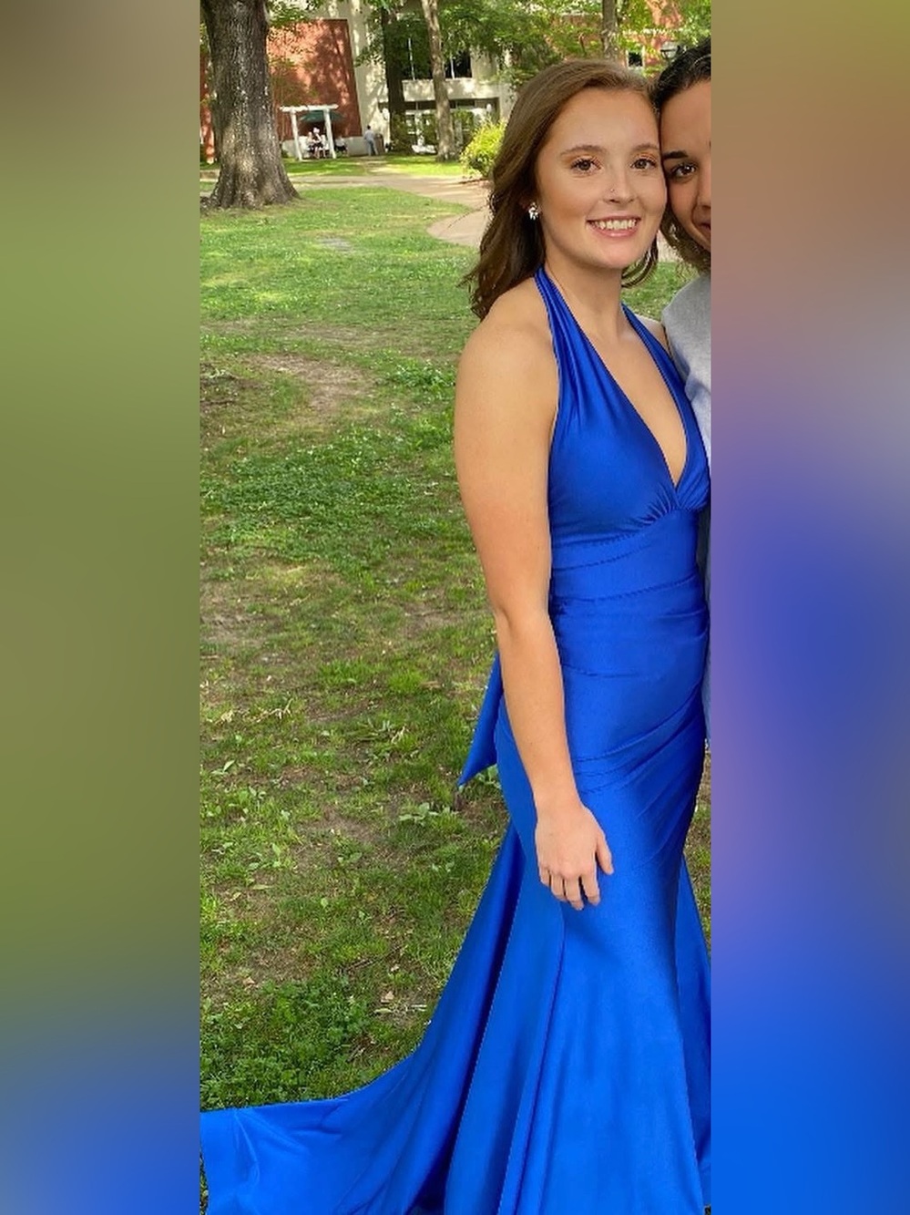 Jovani Cobalt Blue One-Shoulder Satin Halter Gown